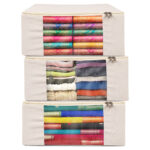 EliteOne Cotton Canvas Clothes Storage Bags with Zip & Window (17x14x7 inches)(Pack of 3 Bags)
