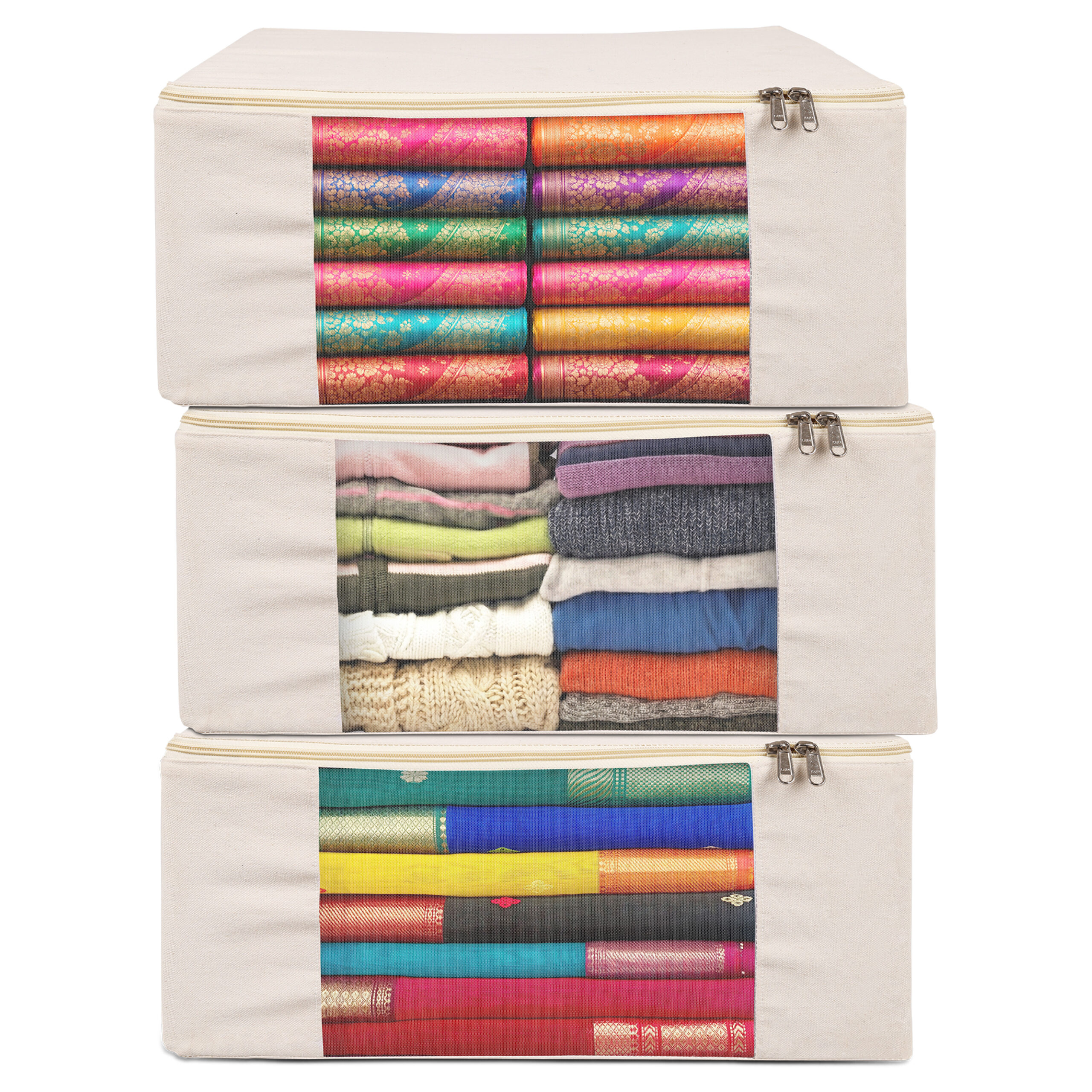 Elite One Saree Cover New-01 EliteOne Cotton Canvas Clothes Storage Bags with Zip & Window (17x14x7 inches)(Pack of 3 Bags) - Image 1