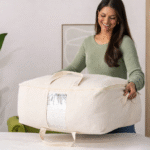 Extra Large Cotton Canvas Storage Bag 25x18x8 inch with Zipper, 4 Handles & Window for Sarees, Pillows, Blankets & Seasonal Clothes (Pack of 2) - Image 6