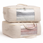 Extra Large Cotton Canvas Storage Bag 25x18x8 inch with Zipper, 4 Handles & Window for Sarees, Pillows, Blankets & Seasonal Clothes (Pack of 2)